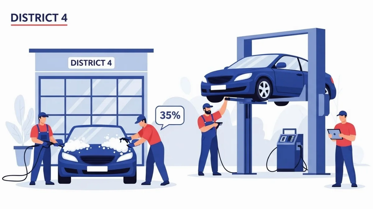 Nhân viên Gara Quận 4 đang rửa xe với dung dịch chuyên nghiệp Đức Phát