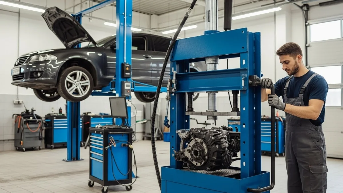 Hình ảnh một người đang kiểm tra chi tiết máy ép thủy lực chất lượng cao