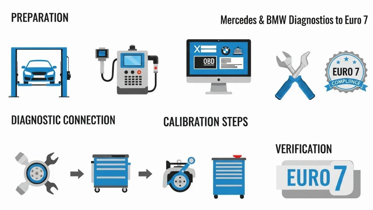 Kỹ thuật viên kết nối thiết bị chẩn đoán với xe Mercedes hiện đại