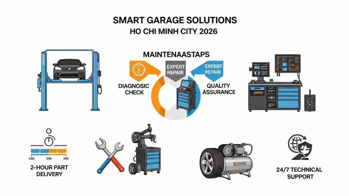 Đa dạng thiết bị và dụng cụ sửa chữa ô tô hiện đại tại gara