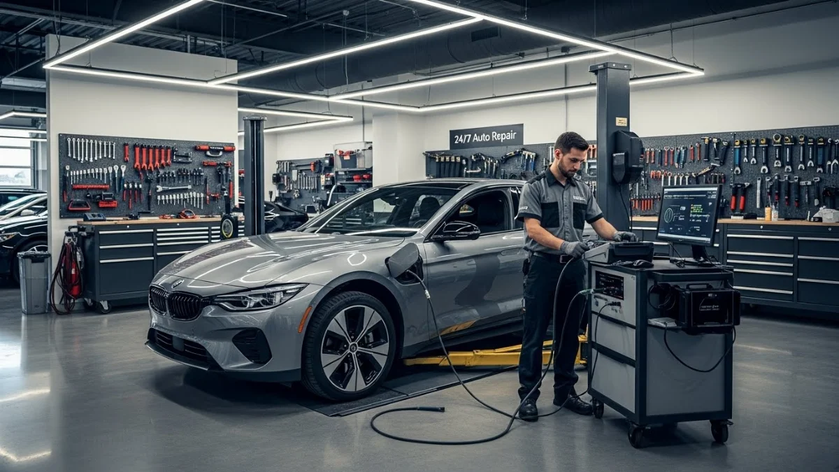 Kỹ thuật viên khắc phục sự cố máy móc tại Gara