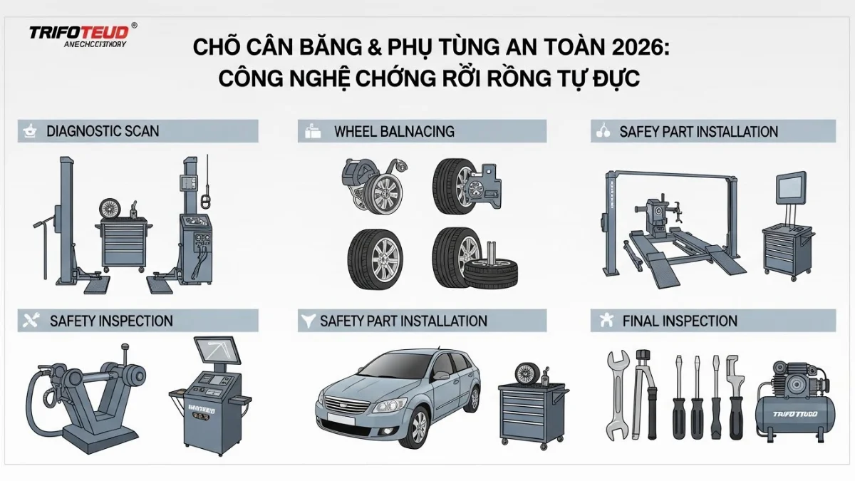 Kỹ thuật viên kiểm tra độ cân bằng của bánh xe sau khi lắp đặt