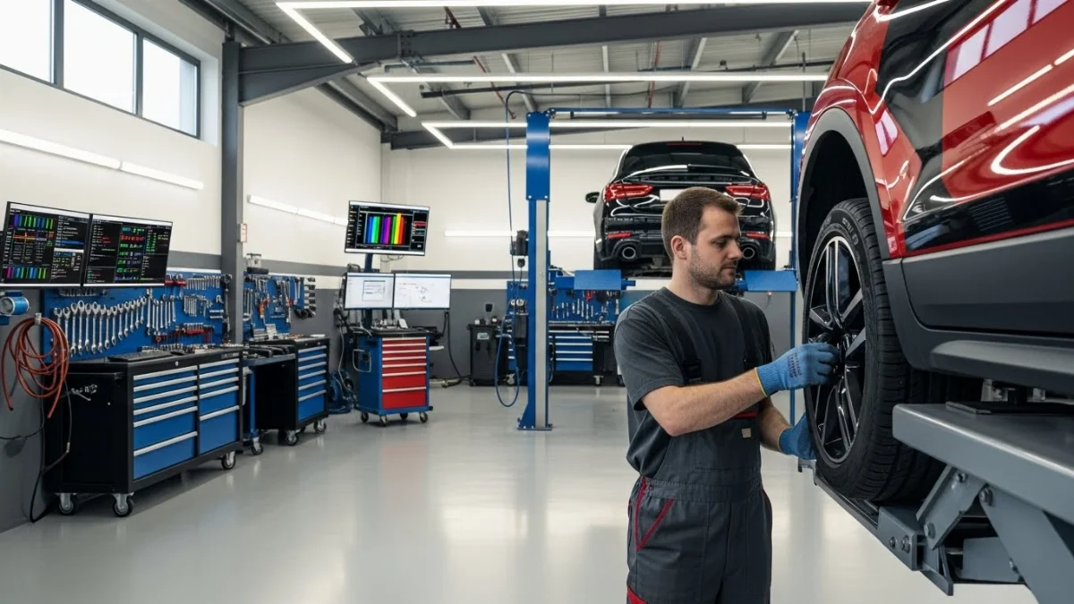 Kỹ thuật viên đang sử dụng máy cân bằng động để xác định vị trí gắn chì