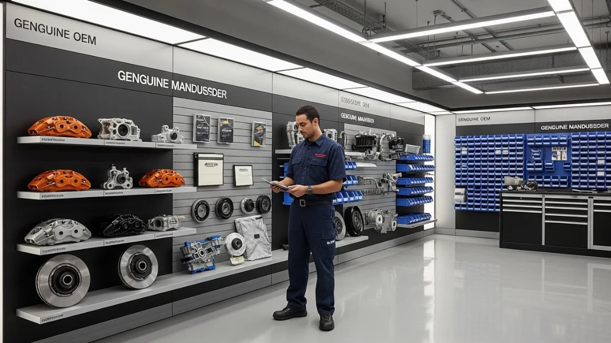 Kỹ thuật viên gara đang kiểm tra và thay thế phụ tùng ô tô OEM chính hãng