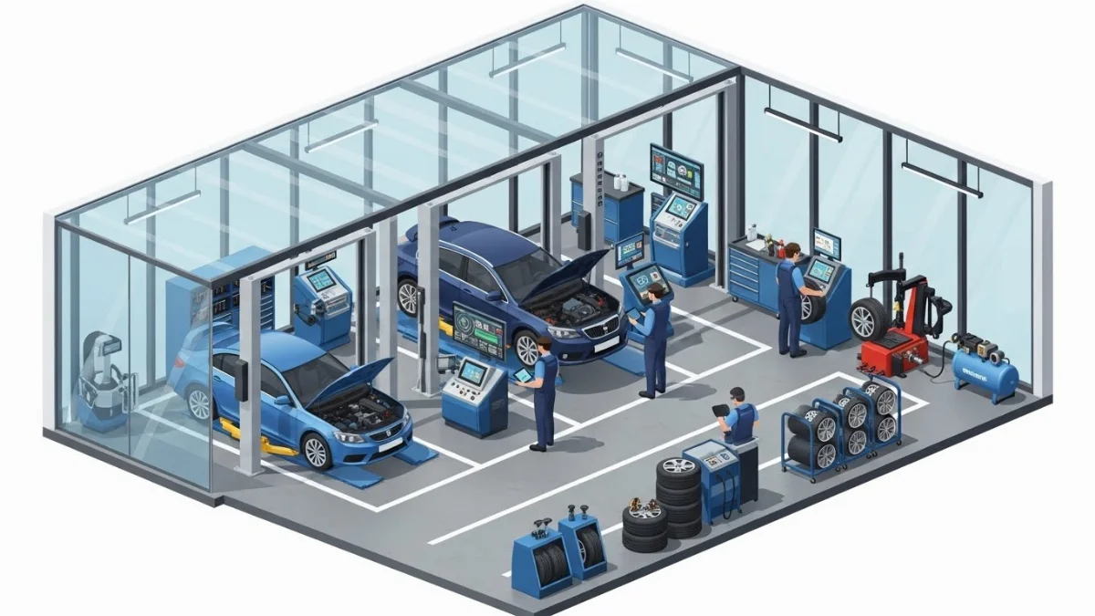 Thợ sơn xe đang sử dụng súng phun sơn với mặt nạ